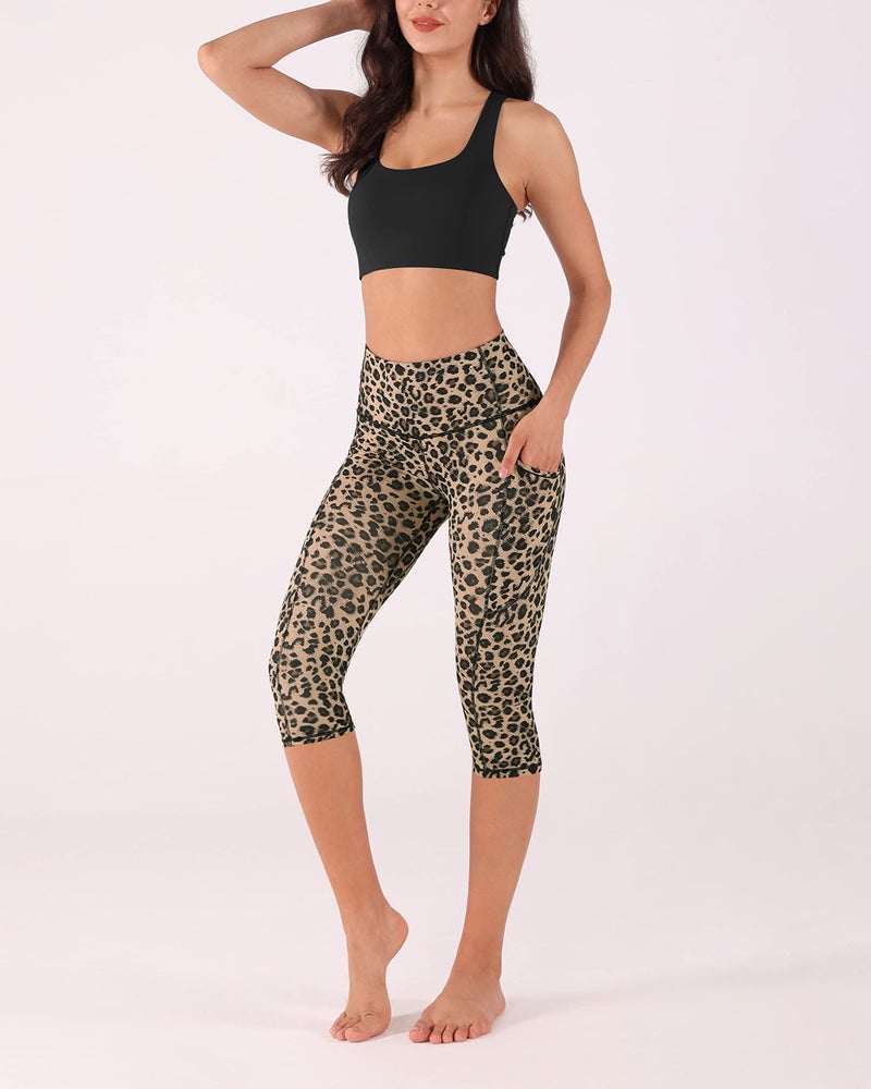 ODODOS Women's High Waisted Printed Yoga Capris with Pocket, Tummy Control Non See Through Workout Sports Running Athletic Capri Leggings, Leopard, Medium - Image 2
